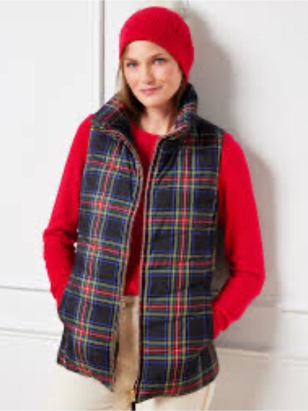Talbots Black Plaid Quilted Vest with Red Accents